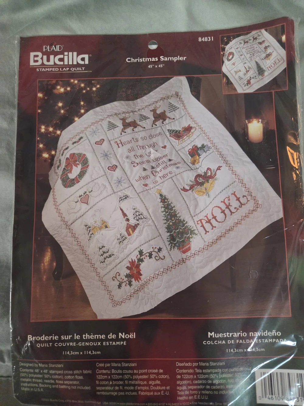 Bucilla White Christmas Sampler Stamped Quilt Kit with Red and Green Accents